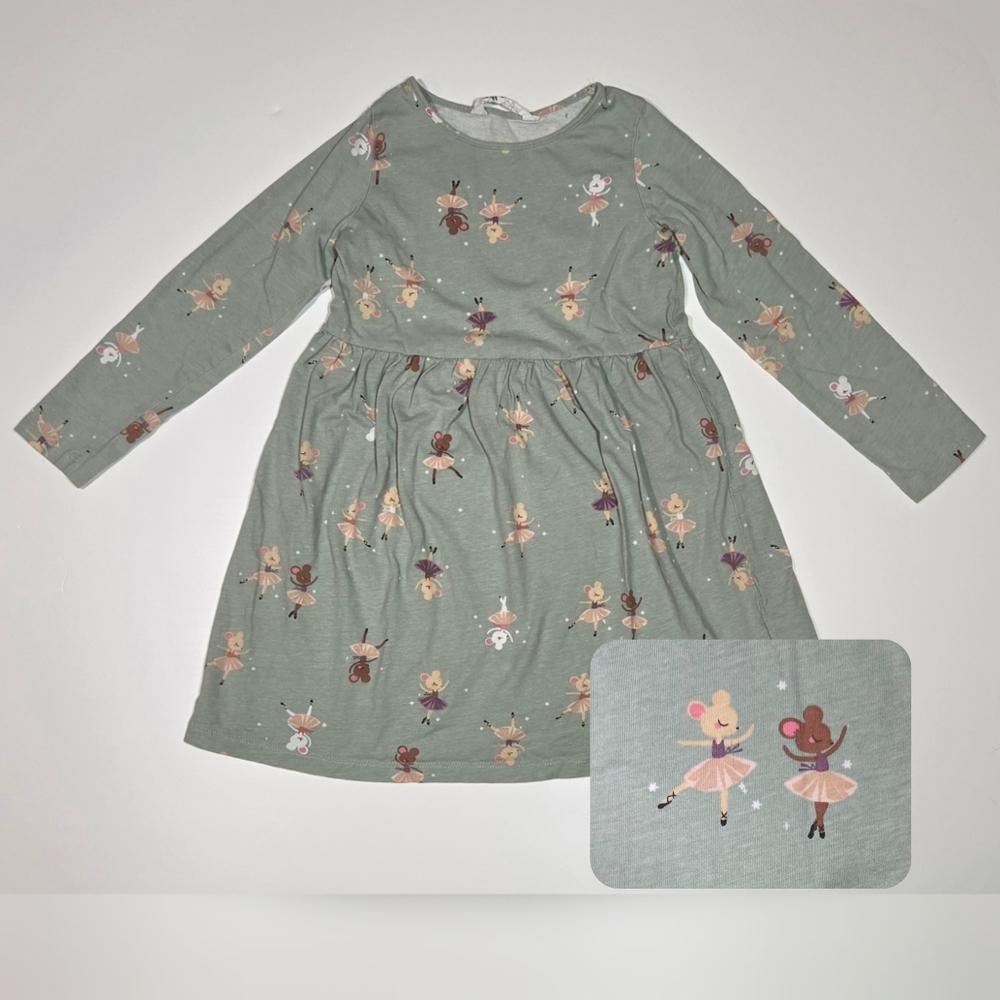 H&M Girls Ballerina Mouse Sage Green Dress Size 6X / 7 Long Sleeve Spring